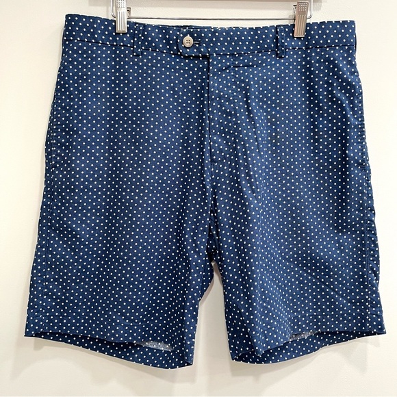 Peter Millar Blue Polka Dot Shorts 9” Linen Cotton Blend Flat Front Size 35 - Picture 1 of 7